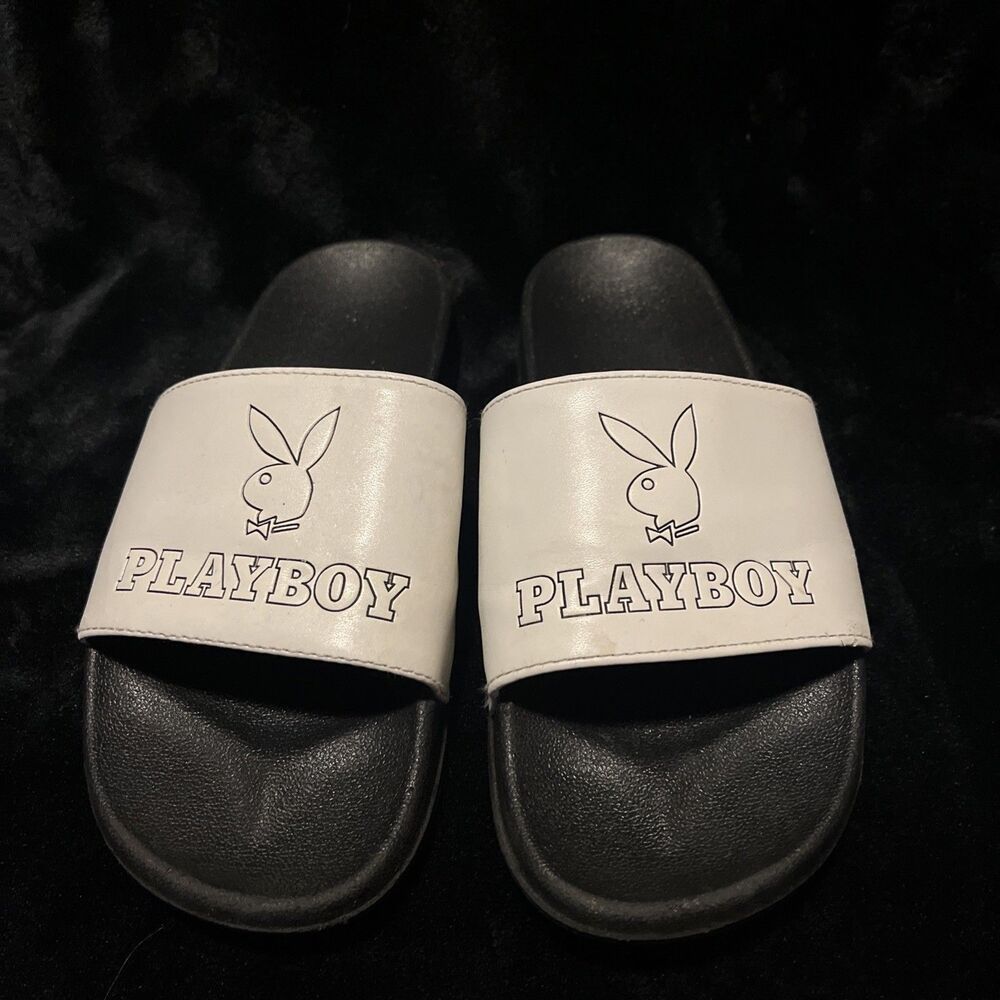 Pacsun x Playboy White Black Spellout Logo Bunny Slide Sandals Pool Shoes